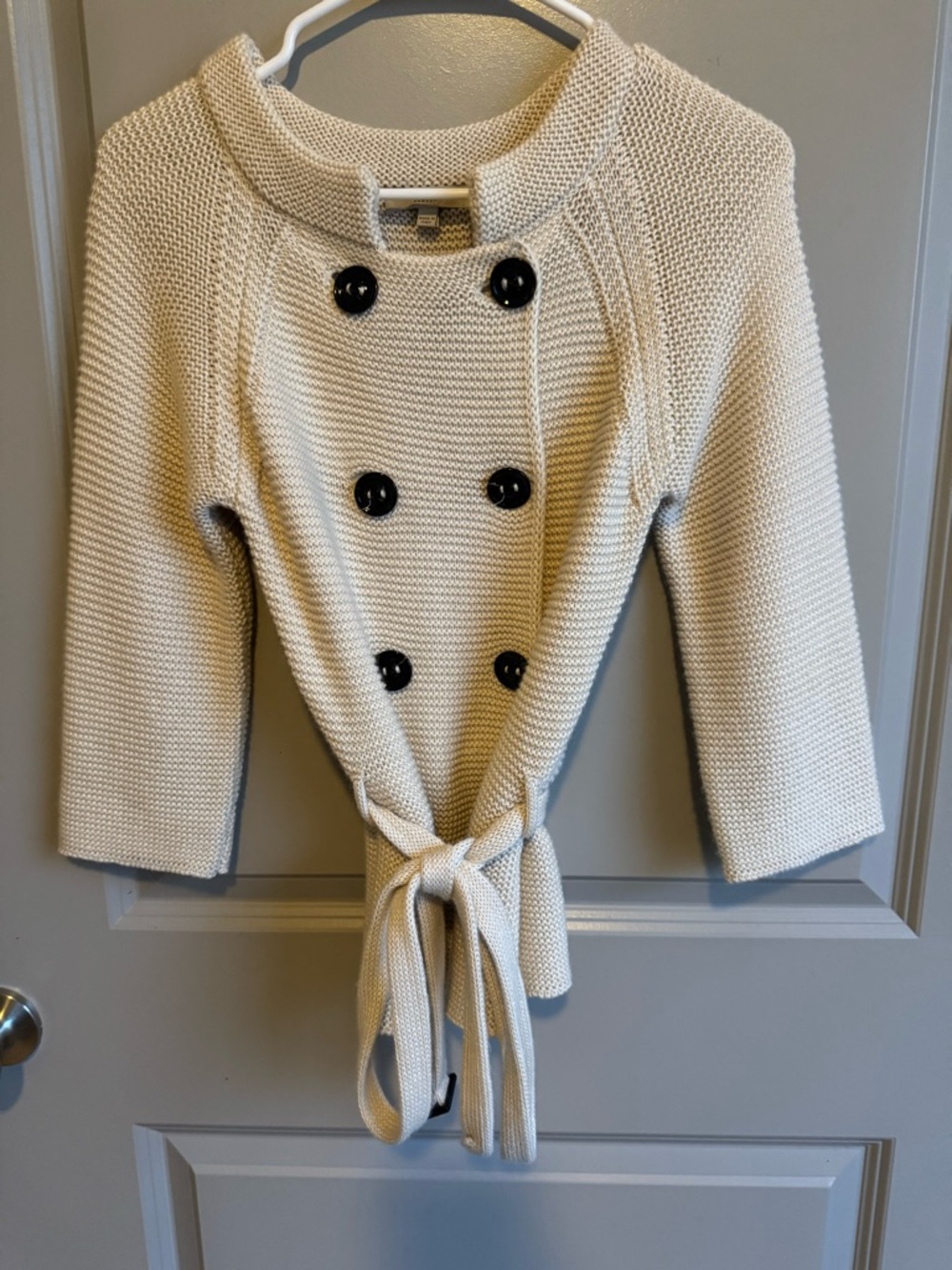Burberry Cream Double-Breasted Knit Cardigan with Waist Tie